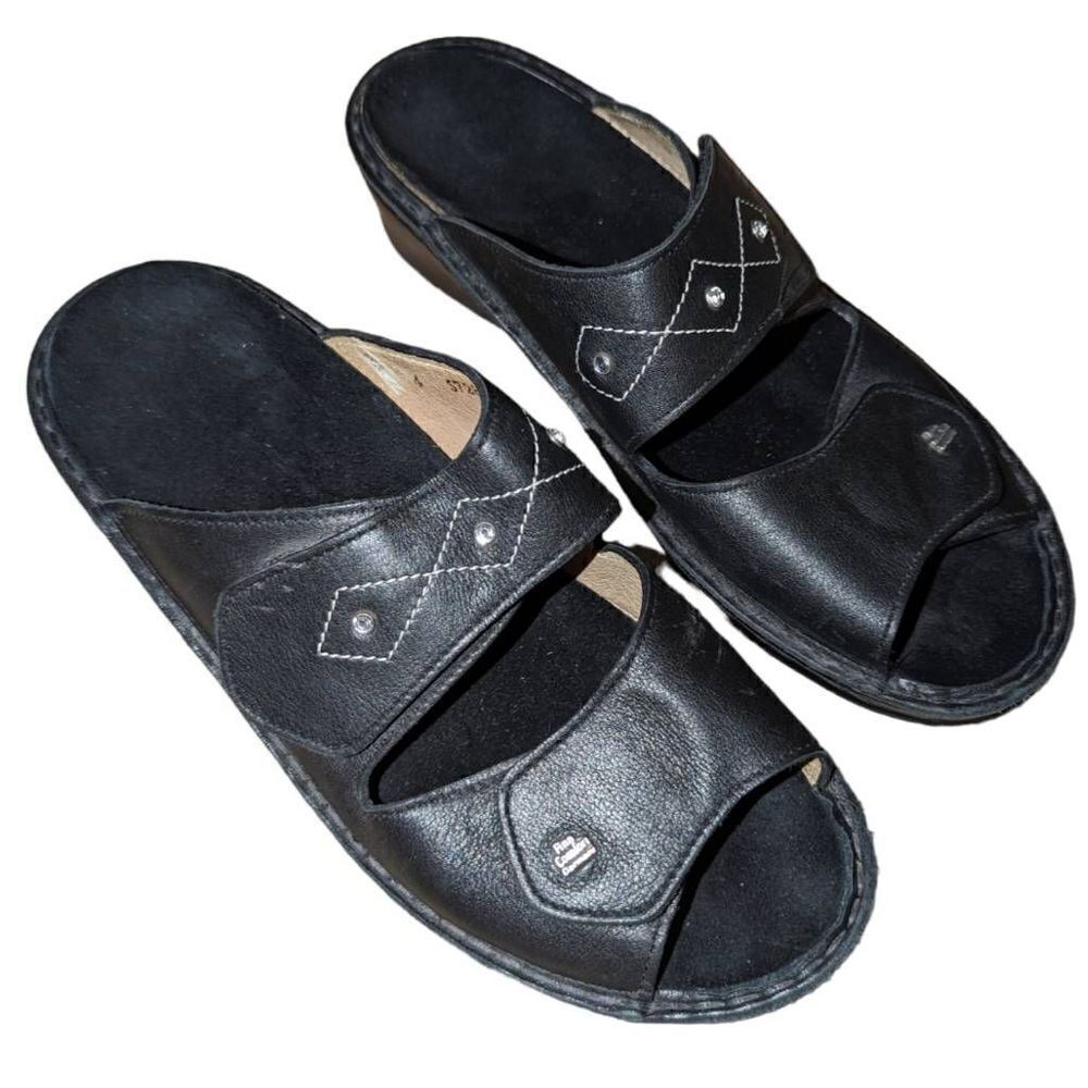 Finn Comfort Women's Hand-Sewn Geometric Double Strap Sandals Black Size 4